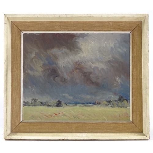 1317 - David Rolt (1915-1985), oil on board, Berkshire clouds, 1956, Exhibition label verso, 9