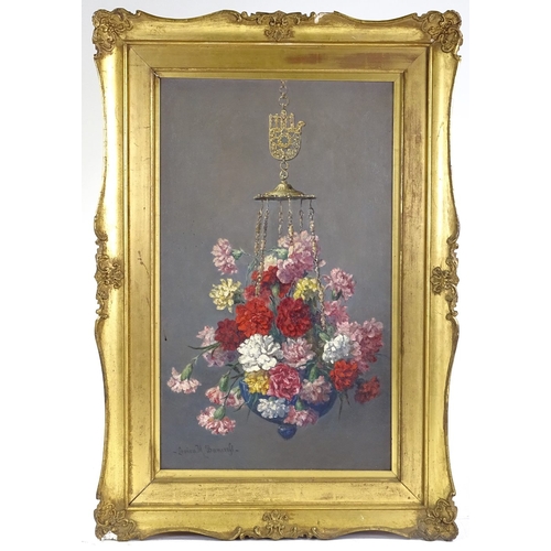 1320 - Louisa Bancroft, oil on canvas, hanging flowers, signed, 20