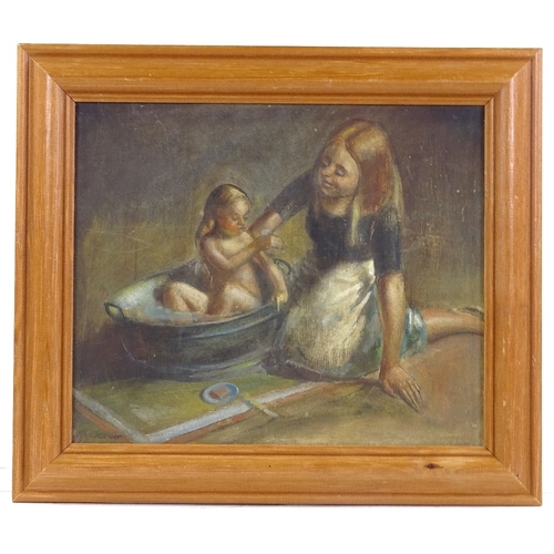 1321 - James Gouvier, oil on board, woman and child, signed, 9.5