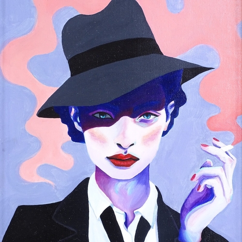 1326 - Alice Spiers, acrylic on board, woman smoking, 15.5