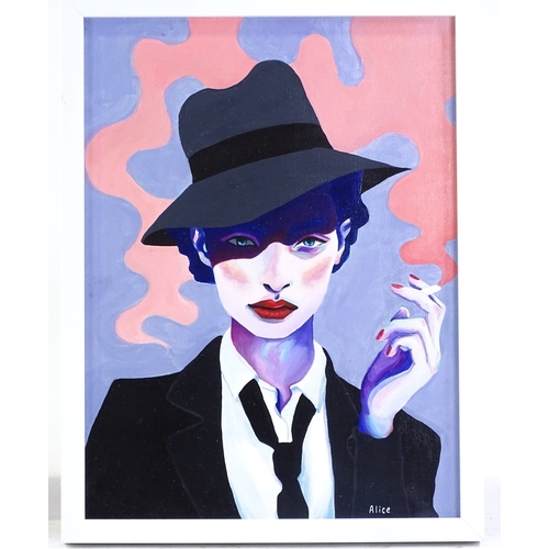 1326 - Alice Spiers, acrylic on board, woman smoking, 15.5