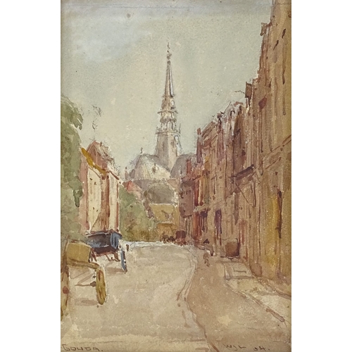 1332 - Watercolour, street scene Gouda, signed with monogram WJL, 1904, 10