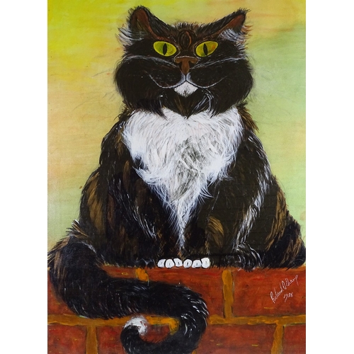 1337 - Mixed media, acrylic/gouache, black and white cat, indistinctly signed, 32