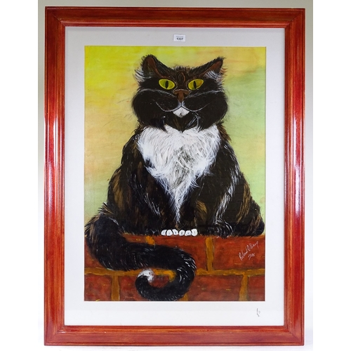 1337 - Mixed media, acrylic/gouache, black and white cat, indistinctly signed, 32