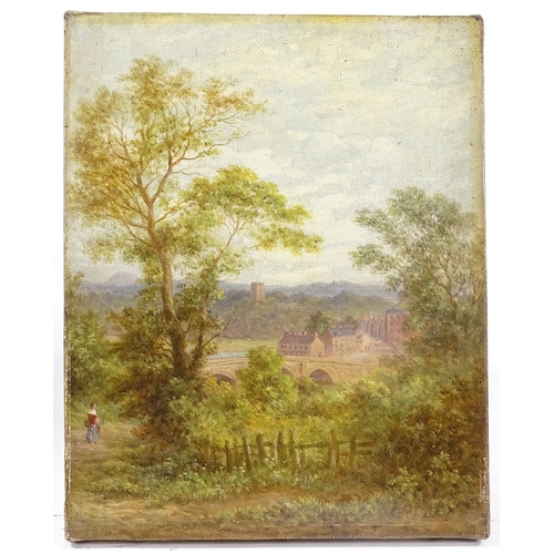 1339 - 19th century oil on canvas, figure near an industrial town, indistinctly signed, 10