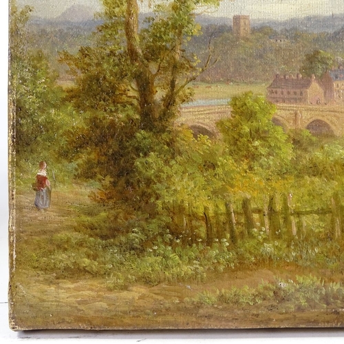 1339 - 19th century oil on canvas, figure near an industrial town, indistinctly signed, 10