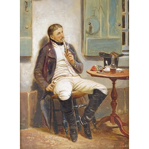 1340 - 19th century French School, oil on wood panel, man smoking a pipe, signed with monogram, 10.5