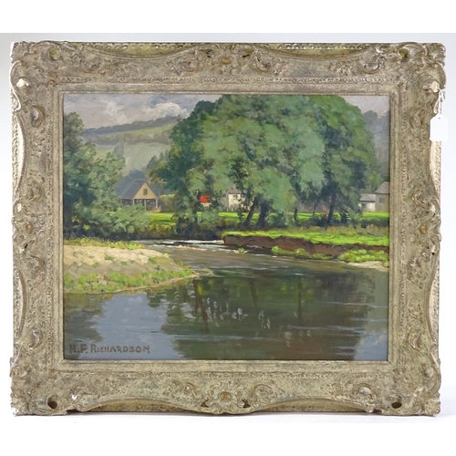 1344 - H F Richardson, oil on canvas, river scene, signed, 19