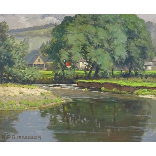 1344 - H F Richardson, oil on canvas, river scene, signed, 19