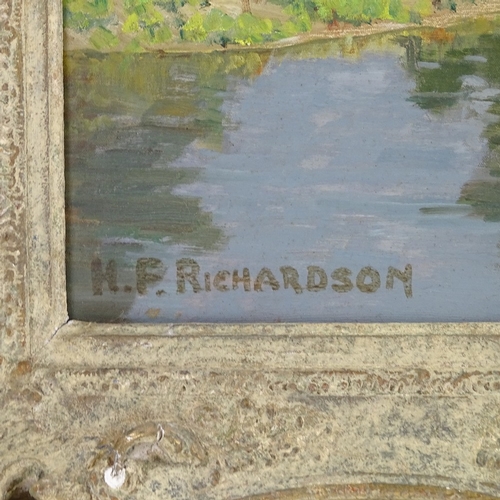 1344 - H F Richardson, oil on canvas, river scene, signed, 19