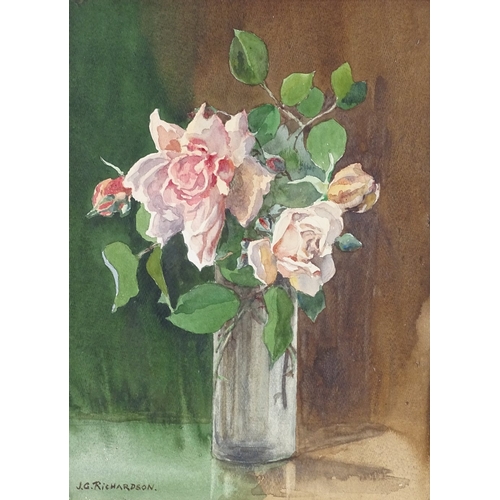 1345 - J G Richardson, watercolour, still life, roses, signed, 16