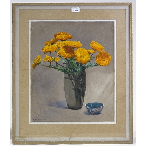 1346 - H F Richardson, watercolour, still life flowers, signed, 18