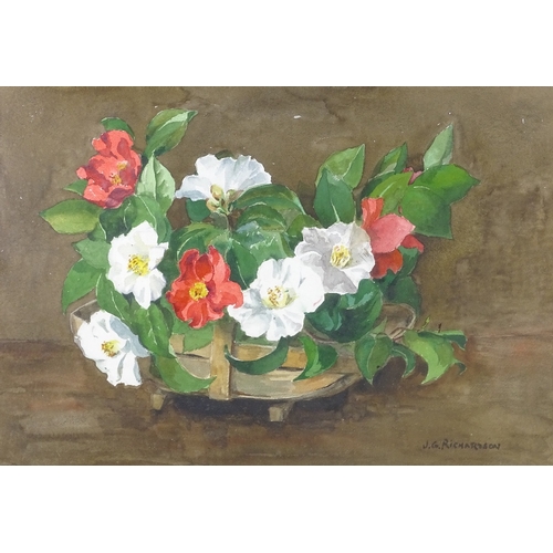 1347 - J G Richardson, watercolour, still life flowers in a basket, signed, 15