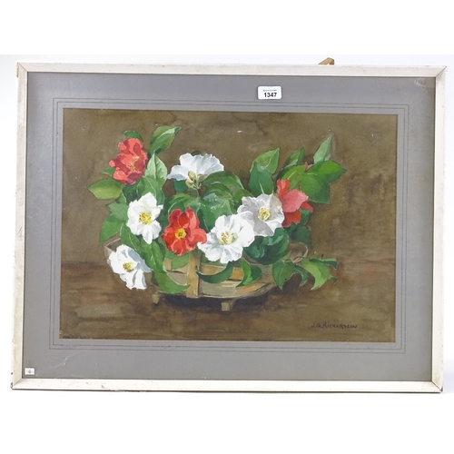 1347 - J G Richardson, watercolour, still life flowers in a basket, signed, 15