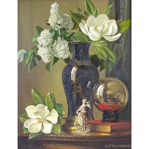 1348 - H F Richardson, oil on canvas, still life flowers and ceramics, signed, 27