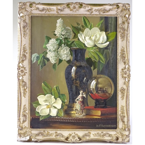 1348 - H F Richardson, oil on canvas, still life flowers and ceramics, signed, 27