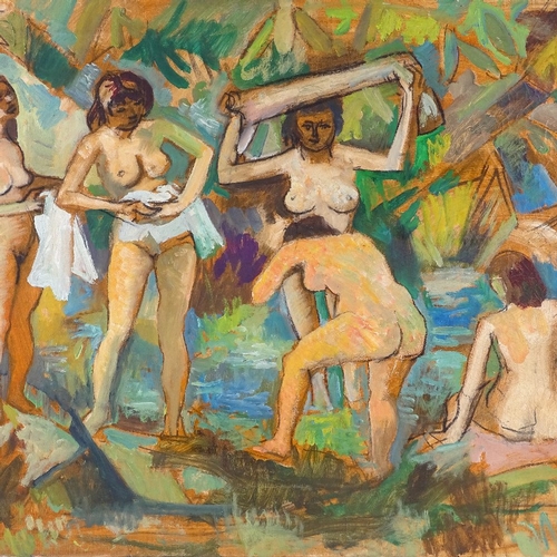 1358 - Mid-20th century British School, oil on canvas, bathers in a forest glade, unsigned, 27