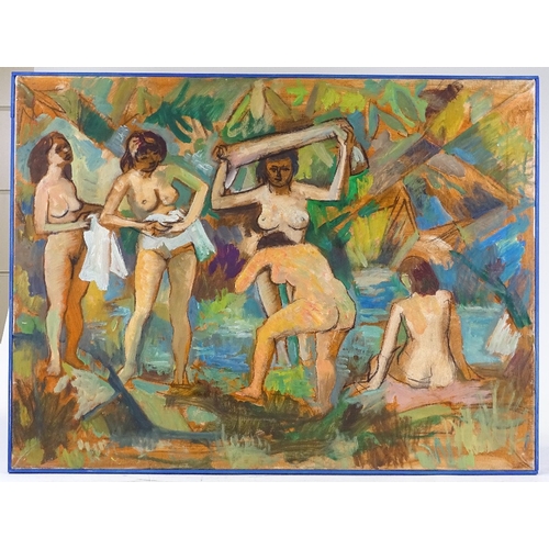 1358 - Mid-20th century British School, oil on canvas, bathers in a forest glade, unsigned, 27