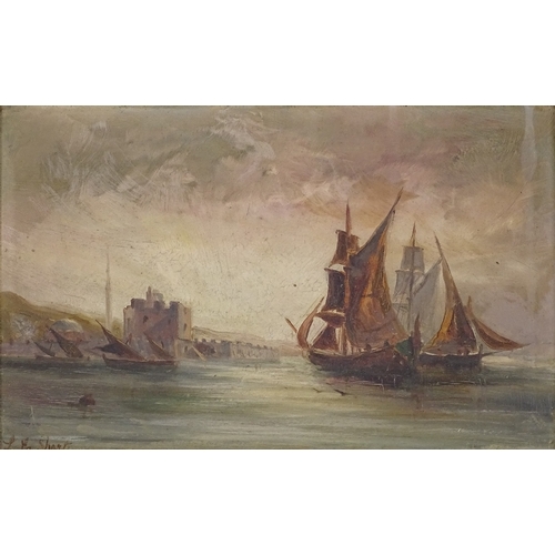 1360 - Lilian Short, oil on board, boats off the coast, 6