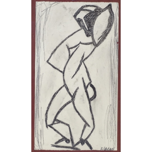 1372 - Mid-20th century charcoal, abstract figure, indistinctly signed, 14.5