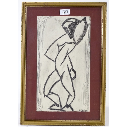 1372 - Mid-20th century charcoal, abstract figure, indistinctly signed, 14.5