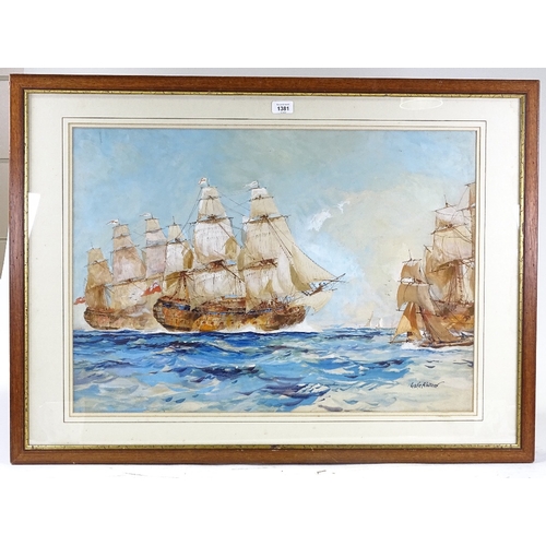 1381 - Leslie Wilcox, watercolour, warships at Trafalgar, signed, 20