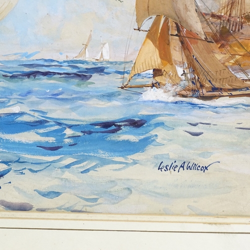 1381 - Leslie Wilcox, watercolour, warships at Trafalgar, signed, 20