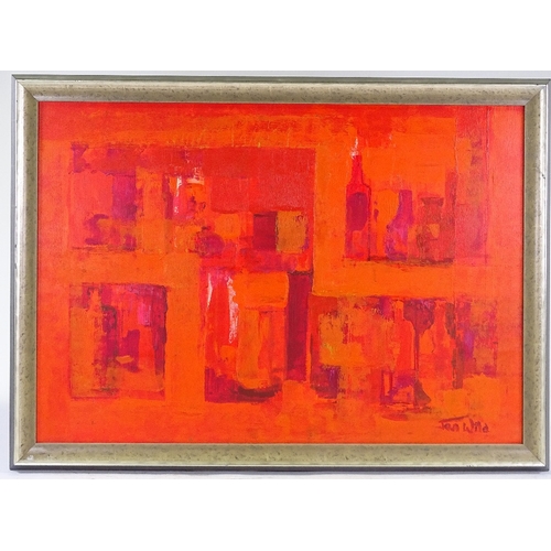 1382 - Jan Wild, oil on board, red abstract, signed, 22