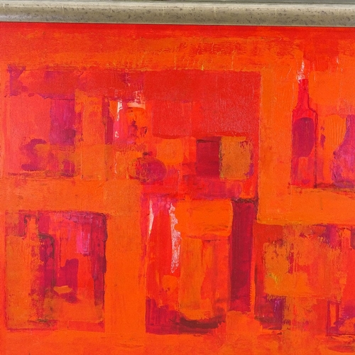 1382 - Jan Wild, oil on board, red abstract, signed, 22