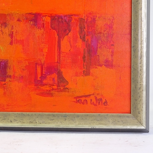 1382 - Jan Wild, oil on board, red abstract, signed, 22