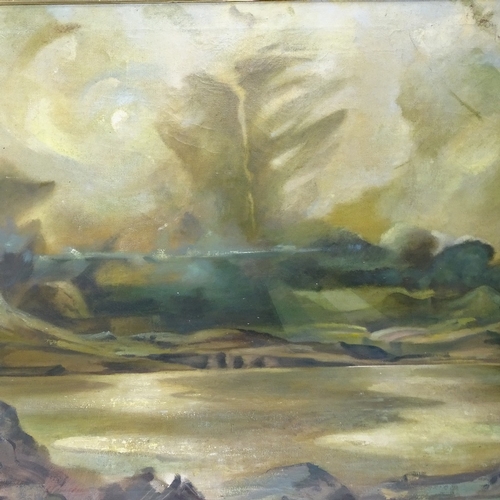 1390 - Oil on canvas, abstract, Welsh landscape, 1980, signed with monogram, 34