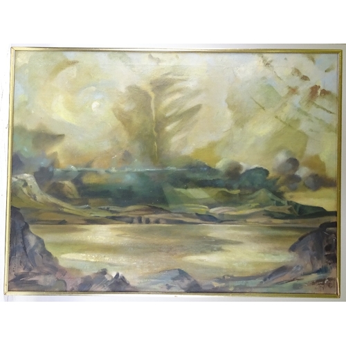 1390 - Oil on canvas, abstract, Welsh landscape, 1980, signed with monogram, 34