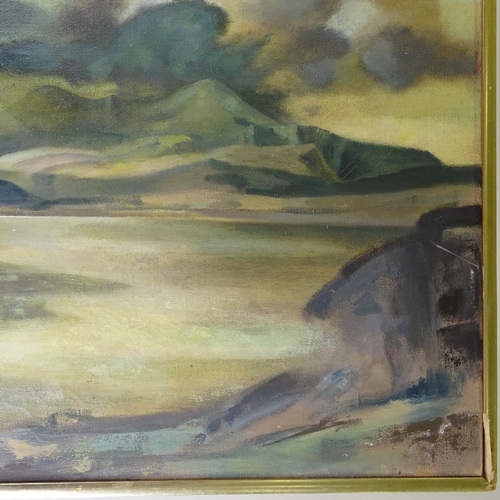 1390 - Oil on canvas, abstract, Welsh landscape, 1980, signed with monogram, 34