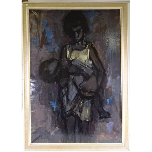 1391 - Ricard Macelronn, oil on canvas, child with an infant, 1961, 50