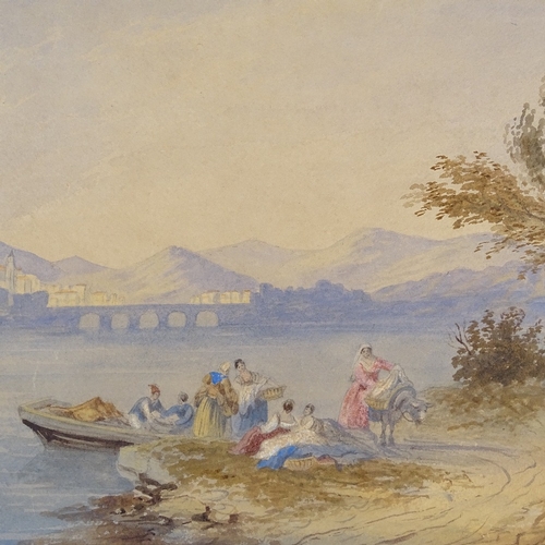 1397 - 18th/19th century watercolour, washerwomen at the lakeside, unsigned, 11