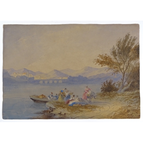 1397 - 18th/19th century watercolour, washerwomen at the lakeside, unsigned, 11