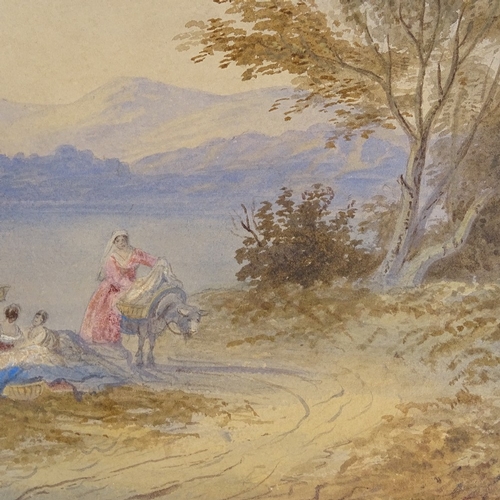 1397 - 18th/19th century watercolour, washerwomen at the lakeside, unsigned, 11