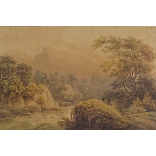 1398 - 18th century watercolour, river landscape, unsigned