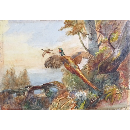 1400 - After J M W Turner, watercolour, Cardiff Bridge, and a 19th century watercolour, pheasant in woodlan... 