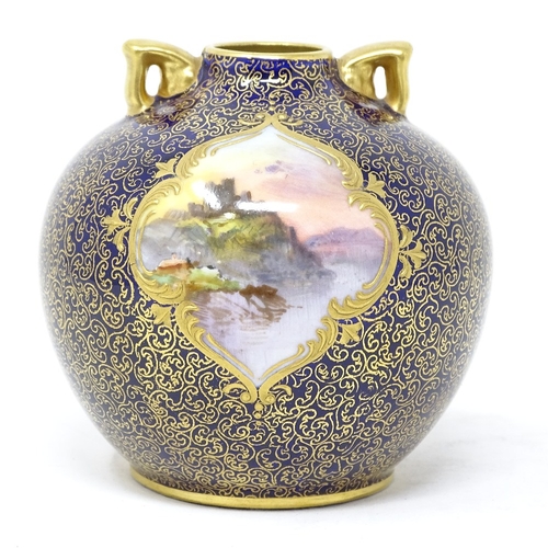 310 - Robert Allen Studios for Royal Doulton, small globular vase with hand painted scene in blue and gold... 