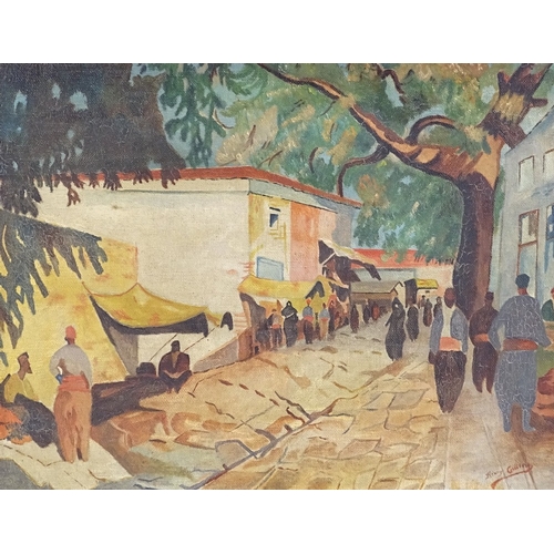 1192 - Mid-20th century oil on canvas, North African street scene, indistinctly signed, 10.5