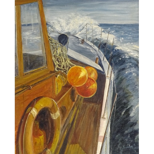 1193 - Oil on canvas, boat on rough seas, indistinctly signed, 16