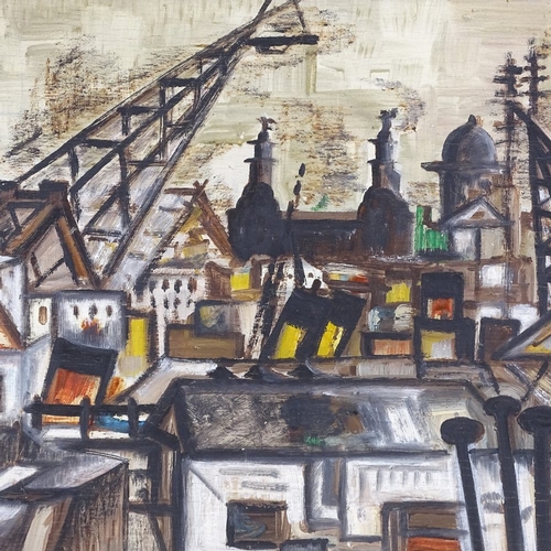 1194 - Mary Van Dijk, oil on board, abstract city scene, signed and dated 1967, 16