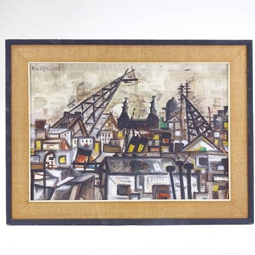 1194 - Mary Van Dijk, oil on board, abstract city scene, signed and dated 1967, 16