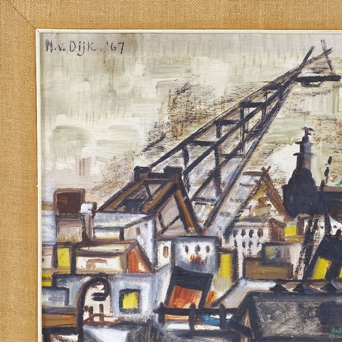 1194 - Mary Van Dijk, oil on board, abstract city scene, signed and dated 1967, 16