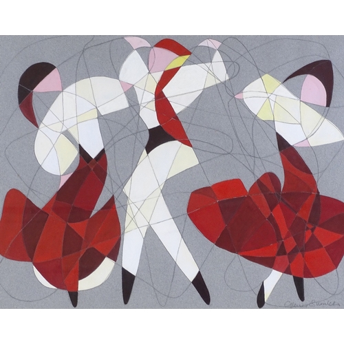 1195 - Mixed media gouache/pencil on paper, abstract dancers, indistinctly signed, 18