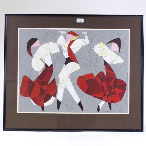 1195 - Mixed media gouache/pencil on paper, abstract dancers, indistinctly signed, 18