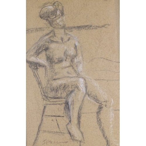 1197 - Attributed to Stanley Spencer, charcoal/chalk, seated figure, signed 22 x 14