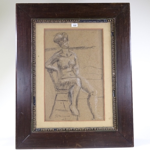 1197 - Attributed to Stanley Spencer, charcoal/chalk, seated figure, signed 22 x 14