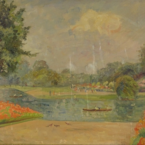 1219 - Early 20th century oil on board, boating lake, indistinctly signed, 20